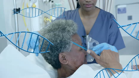 Animation-of-dna-strands-over-diverse-female-doctor-and-patient-in-hospital