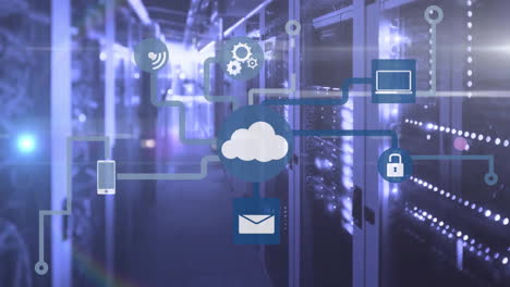 Animation-of-cloud-icon-with-network-of-connections-and-data-processing-over-computer-servers