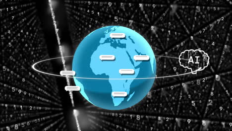 Animación-Del-Procesamiento-De-Datos-De-Globo-Y-Ai-Sobre-Fondo-Negro