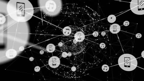 Animation-of-network-of-connections-with-icons-over-globe