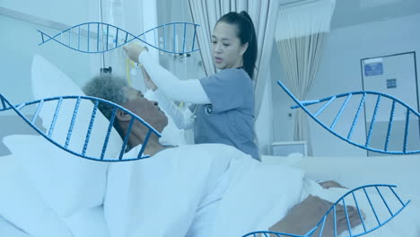 Animation-of-dna-strands-over-diverse-female-doctor-and-patient-in-hospital