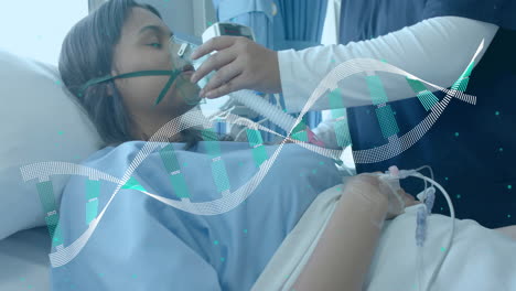 Animation-of-dna-strands-over-diverse-female-doctor-and-patient-in-hospital