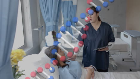 Animation-of-dna-strand-over-diverse-female-doctor-and-patient-in-hospital