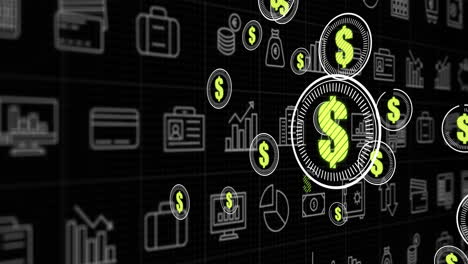 Animation-of-american-dollar-sign,-icons-and-financial-data-processing