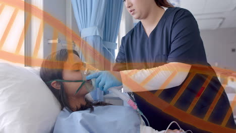 Animation-of-dna-strand-over-diverse-female-doctor-and-patient-in-hospital