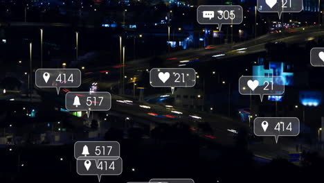 Animation-Von-Social-Media-Symbolen-Mit-Wachsenden-Zahlen-über-Autos-Auf-Der-Straße