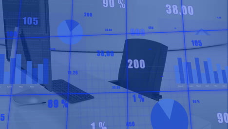 Animation-of-digital-data-processing-over-desk-in-office