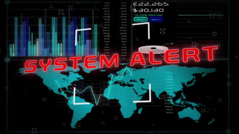 Animation-Des-Systemwarntextes-Und-Der-Datenverarbeitung-über-Der-Weltkarte