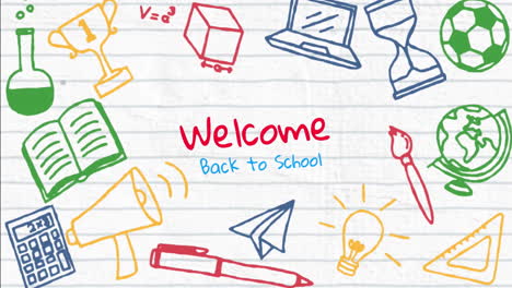 Animation-of-welcome-back-to-school-text-over-school-items-icons-on-white-background