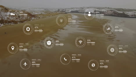 Animation-of-network-of-icons-and-data-processing-over-landscape