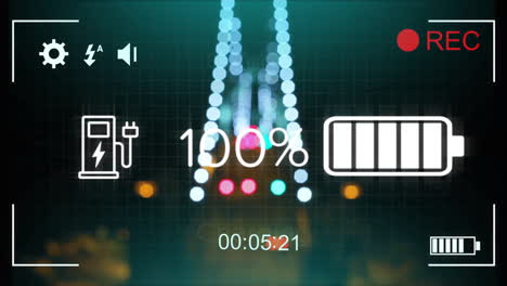 Animación-Del-Tablero-De-Un-Automóvil-Eléctrico-Y-Procesamiento-De-Datos-Sobre-Las-Luces-De-La-Ciudad