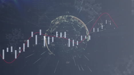 Animation-Von-Diagrammen-Und-Verarbeitungsdaten-über-Einem-Leuchtenden-Globalen-Netzwerk-Auf-Dunklem-Hintergrund