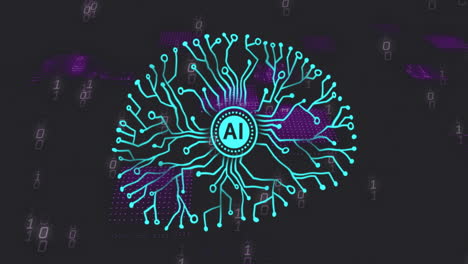 Animation-Eines-Kreisförmigen-KI-Scanners-Und-Des-Motherboard-Gehirnnetzwerks-über-Der-Datenverarbeitung-Auf-Schwarz