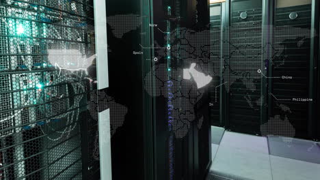 Animación-De-Países-Que-Parpadean-En-El-Mapa-Mundial-Sobre-La-Sala-De-Servidores-De-La-Computadora