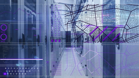 Animación-De-La-Interfaz-Con-Escáner-Y-Mapa-De-Calles-Sobre-La-Sala-De-Servidores-Informáticos