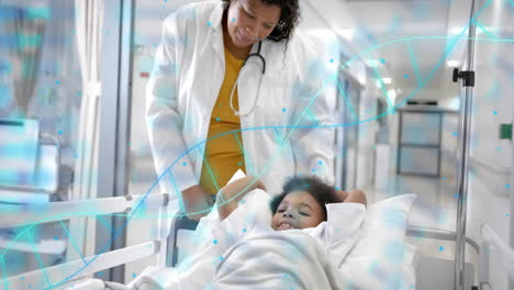 Animation-of-dna-strands-over-african-american-female-doctor-pushing-girl-patient-in-hospital-bed