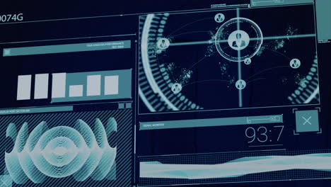 Animation-of-scanner-processing-network-of-people-icons,-charts-and-data-on-interface-screen