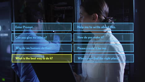 Animation-of-ai-interface-question-menu-over-diverse-male-and-female-technicians-in-server-room