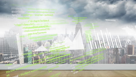 Animation-Von-Diagrammen-Und-Verarbeitungsdaten-über-Einer-Wolkigen-Stadtlandschaft