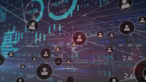 Animation-Von-Netzwerksymbolen-Für-Personen-über-Diagrammen-Zur-Datenverarbeitung-Auf-Dunklem-Hintergrund