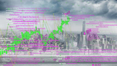 Animation-of-charts-and-processing-data-over-cloudy-cityscape