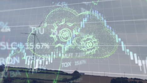 Animation-Einer-Wolke-Mit-Zahnrädern-Und-Verarbeitung-Finanzieller-Daten-über-Einer-Windturbine