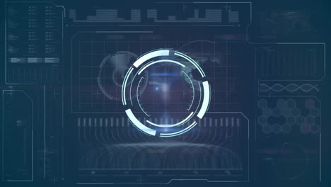 Animation-Eines-Kreisförmigen-Scanners-über-Diagrammen,-Die-Daten-Auf-Einem-Dunklen-Schnittstellenbildschirm-Verarbeiten