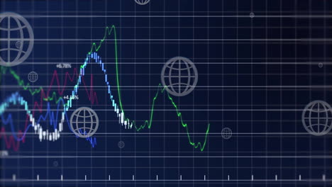 Animation-of-financial-data-processing-over-globes-on-dark-background