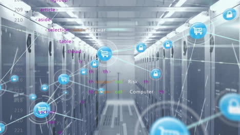 Animation-of-network-of-shopping-cart-and-padlock-icons-with-data-processing-over-server-room