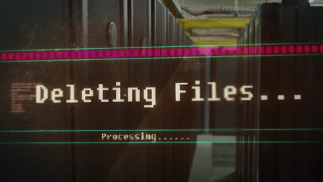 Animation-of-deleting-files,-processing-text-on-interface-over-server-room