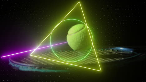 Animation-of-colourful-circle,-triangle-and-square-scanning-tennis-ball-bouncing-on-racket-on-black