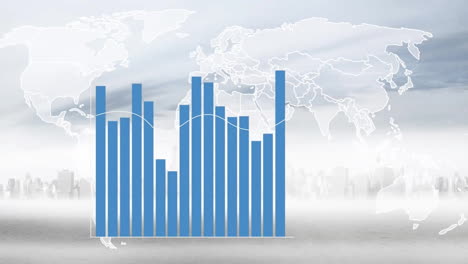 Animación-Del-Procesamiento-De-Datos-Financieros-Sobre-El-Mapa-Mundial-Y-El-Paisaje-Urbano