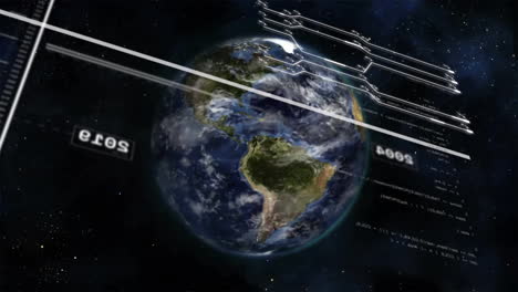 Animación-De-Datos-De-Procesamiento-De-Pantalla-De-Interfaz-Sobre-Un-Globo-Que-Gira-En-El-Espacio.