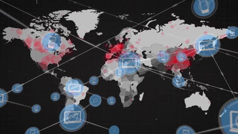 Animation-of-network-of-connections-with-spots-over-world-map