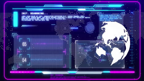 Animación-Del-Globo-Y-Procesamiento-De-Datos-Sobre-Pantallas-Sobre-Fondo-Oscuro