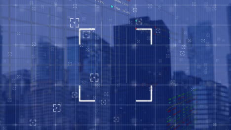 Animation-Eines-Quadratischen-Scanner-Zielfernrohrs-Mit-Diagrammen-Zur-Datenverarbeitung-über-Einer-Stadtlandschaft