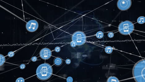 Animation-Eines-Netzwerks-Von-Mediensymbolen-über-Der-Verarbeitung-Von-Daten-Auf-Schwarzem-Hintergrund