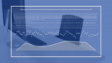 Animation-of-interface-with-graph-and-processing-data-over-office-desk-with-computer