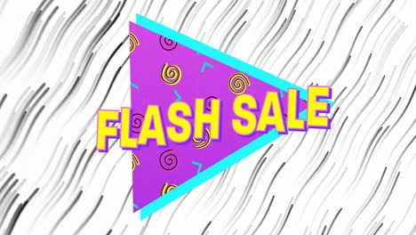 Animation-Des-Flash-Sale-Textes-Auf-Violettem-Dreieck-über-Schwarzen-Wellenlinien-Auf-Weißem