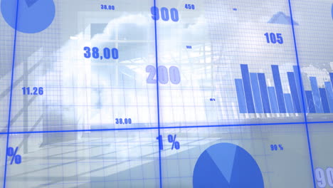 Animación-De-Gráficos-Azules-Y-Procesamiento-De-Datos-Sobre-Una-Habitación-Soleada-Y-Un-Cielo-Nublado