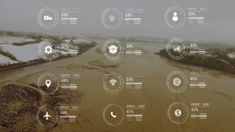 Animation-of-network-of-icons-and-data-processing-over-landscape