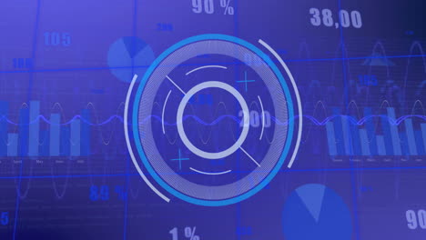 Animation-of-circular-scanner-over-charts-and-processing-data-on-blue-background