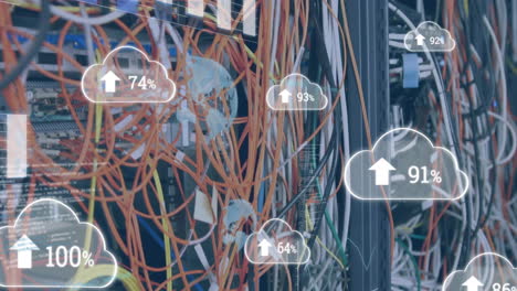 Animation-of-cloud-icons-with-percent,-digital-data-processing-over-computer-servers