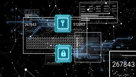 Animación-De-Procesamiento-De-Datos-E-íconos-De-Candados-Y-Llaves-Sobre-Fondo-Oscuro