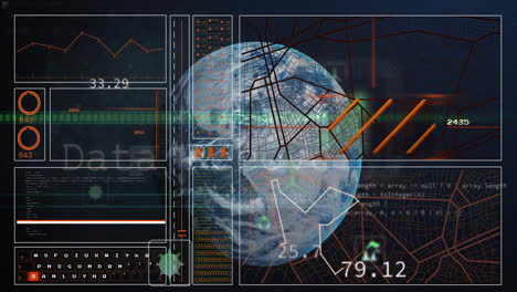 Animation-of-data-processing-over-globe-on-black-background