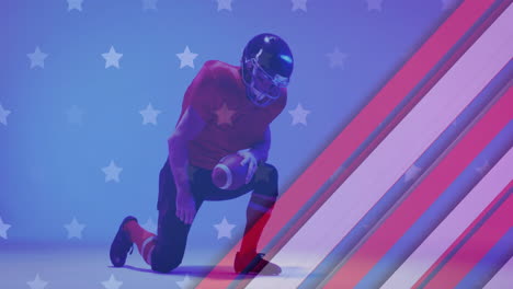 Animation-of-caucasian-american-football-player-kneeling-and-flag-of-usa