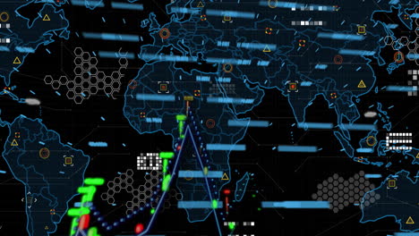 Animation-of-data-processing-and-world-map-over-dark-background