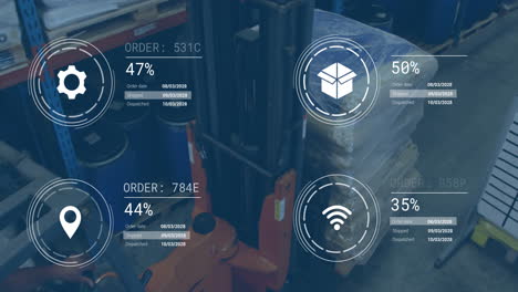 Animation-of-digital-data-processing-over-biracial-man-in-forklift-working-in-warehouse