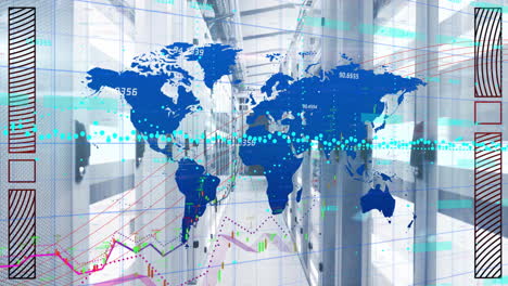 Animación-Del-Mapa-Mundial,-Procesamiento-De-Datos-Digitales-A-Través-De-Servidores-Informáticos