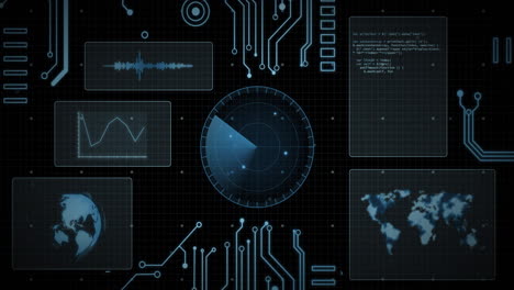 Animation-of-scope,-circuit-board-and-data-processing-over-screens-on-black-background